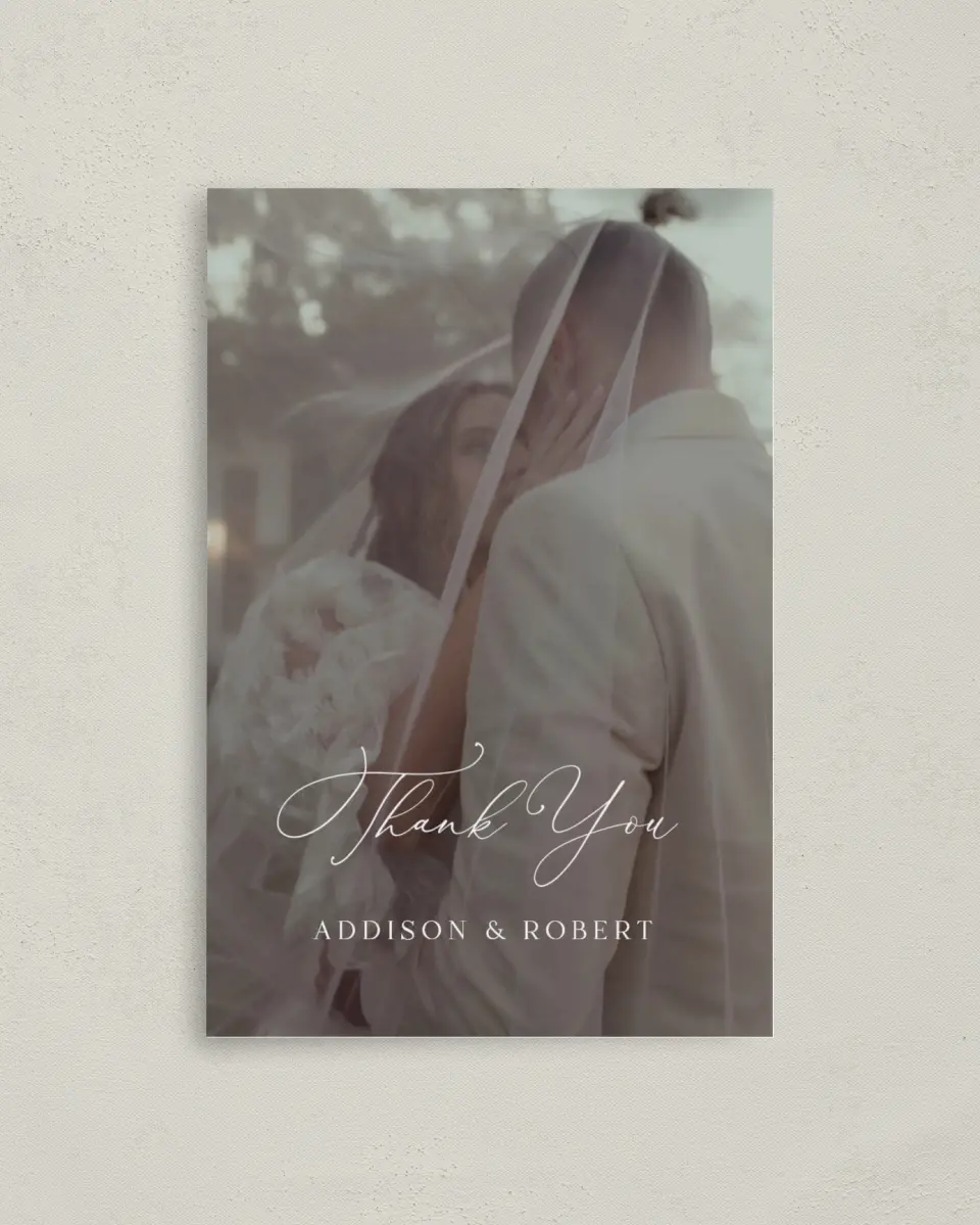 This is a 4" x 6" Folded Thank You Card called The Addison printed in full color with Rose Gold foil on Luxe Satin (coated) paper