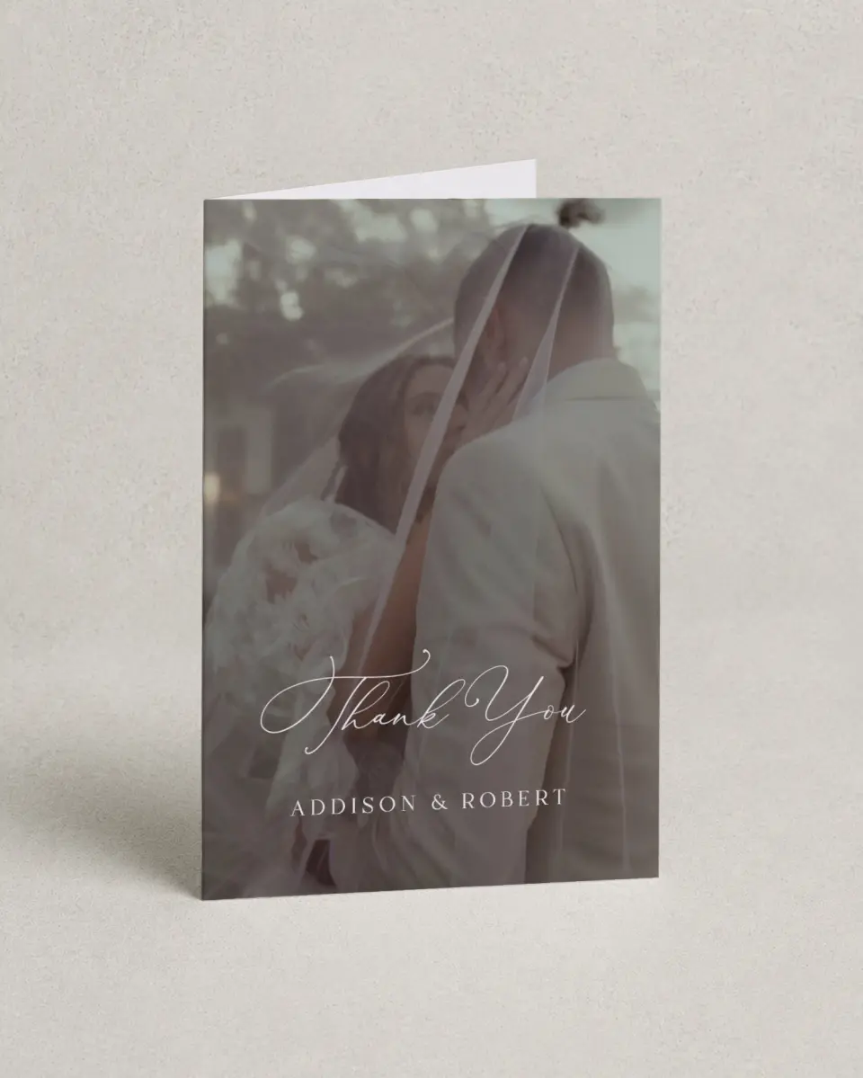 This is a 4" x 6" Folded Thank You Card called The Addison printed in full color on Premium Smooth paper