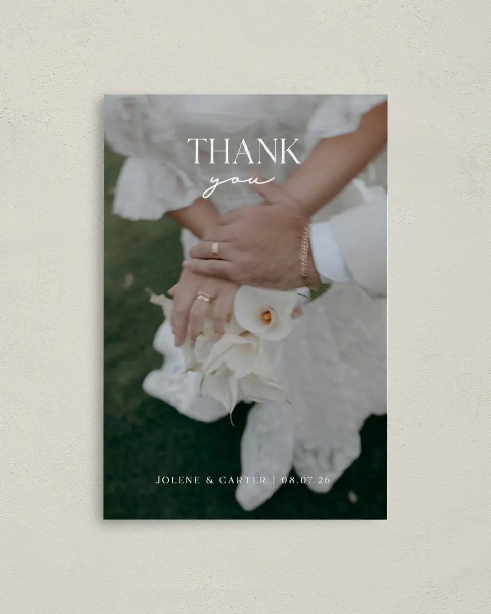 This is a 4" x 6" Folded Thank You Card called The Jolene printed in full color with Rose Gold foil on Luxe Satin (coated) paper