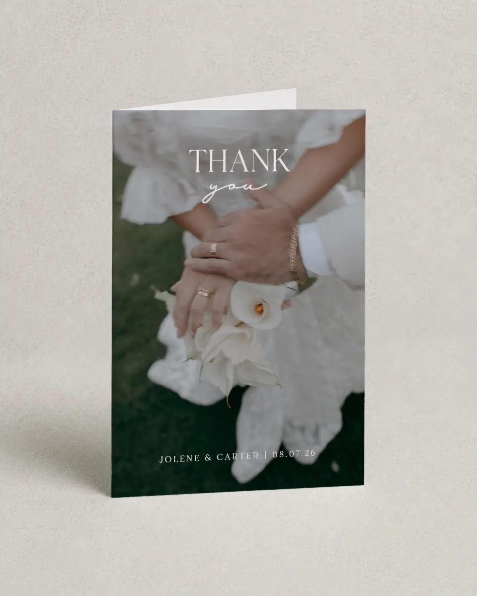 This is a 4" x 6" Folded Thank You Card called The Jolene printed in full color on Premium Smooth paper