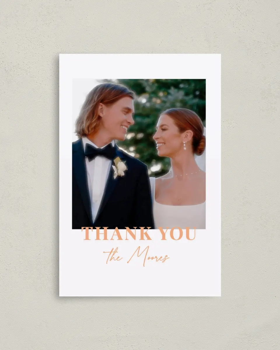 This is a 4" x 6" Folded Thank You Card called The Jess printed in full color with Rose Gold foil on Luxe Satin (coated) paper