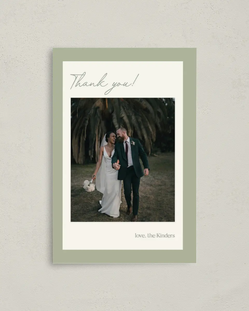 This is a 4" x 6" Folded Thank You Card called The Penelope printed in full color with Rose Gold foil on Luxe Satin (coated) paper