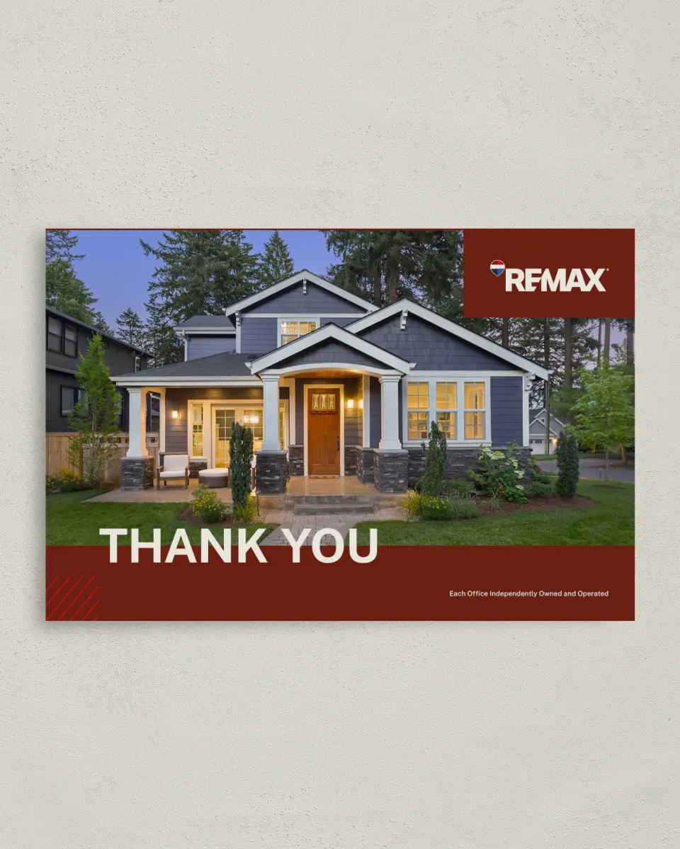 This is a 4" x 6" Folded Business Thank You Card called REMAX Modern Edge printed in full color on Premium Smooth paper