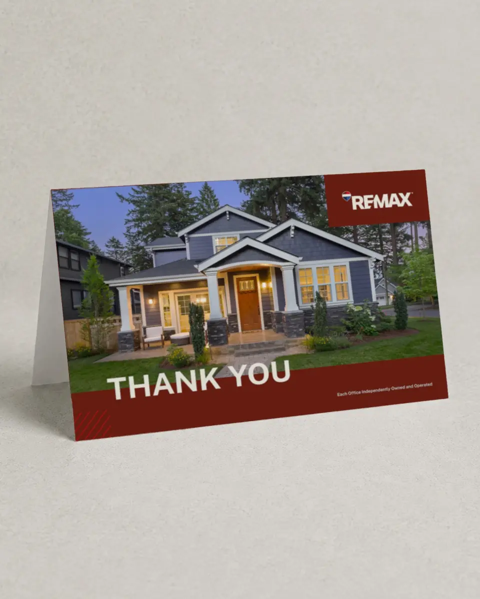 This is a 4" x 6" Folded Business Thank You Card called REMAX Modern Edge printed in full color on Premium Smooth paper