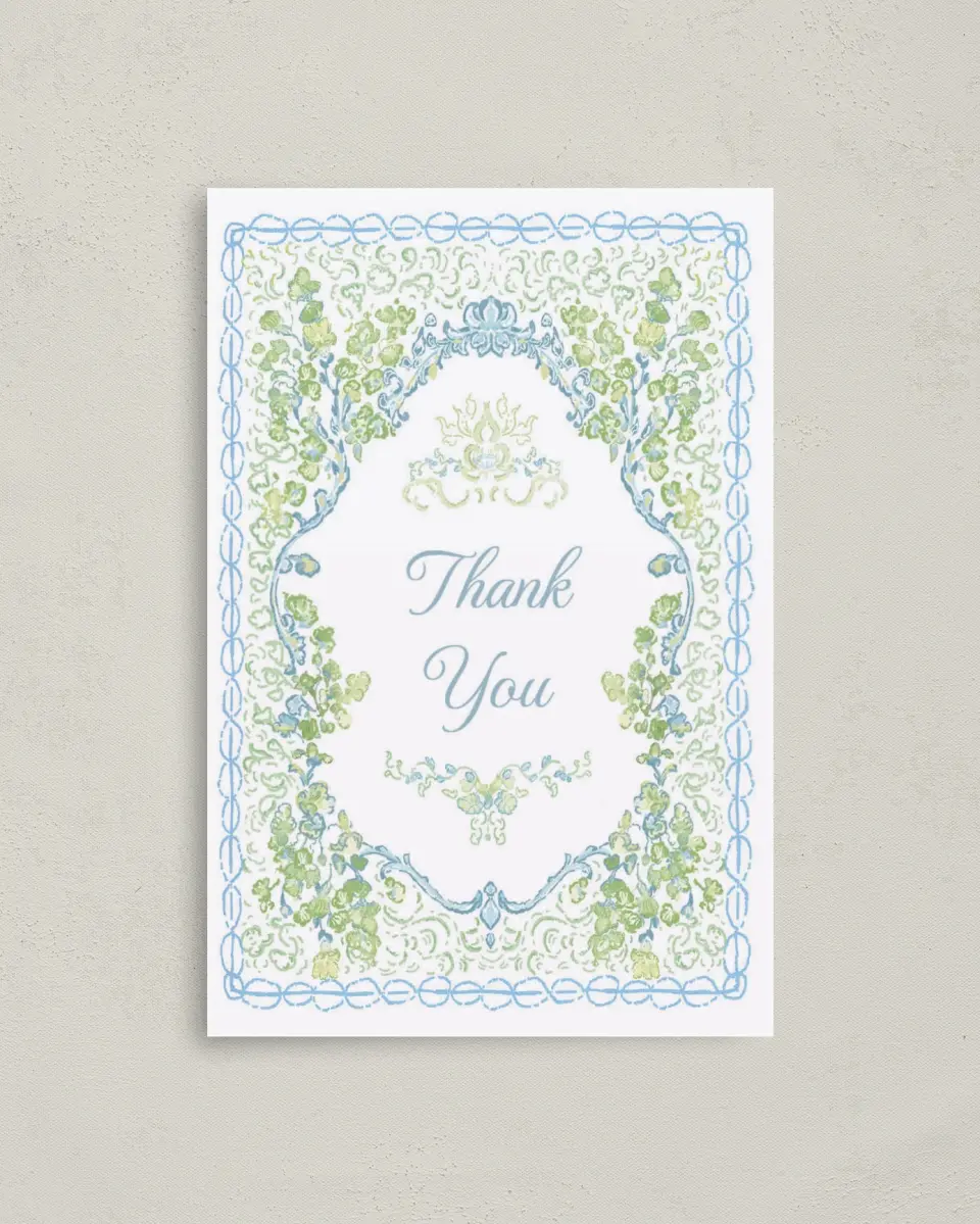 This is a 4" x 6" Folded Baby Shower Thank You Card called Elegant Vines printed in full color on Premium Smooth paper