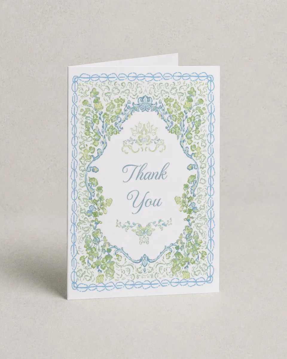 This is a 4" x 6" Folded Baby Shower Thank You Card called Elegant Vines printed in full color on Premium Smooth paper