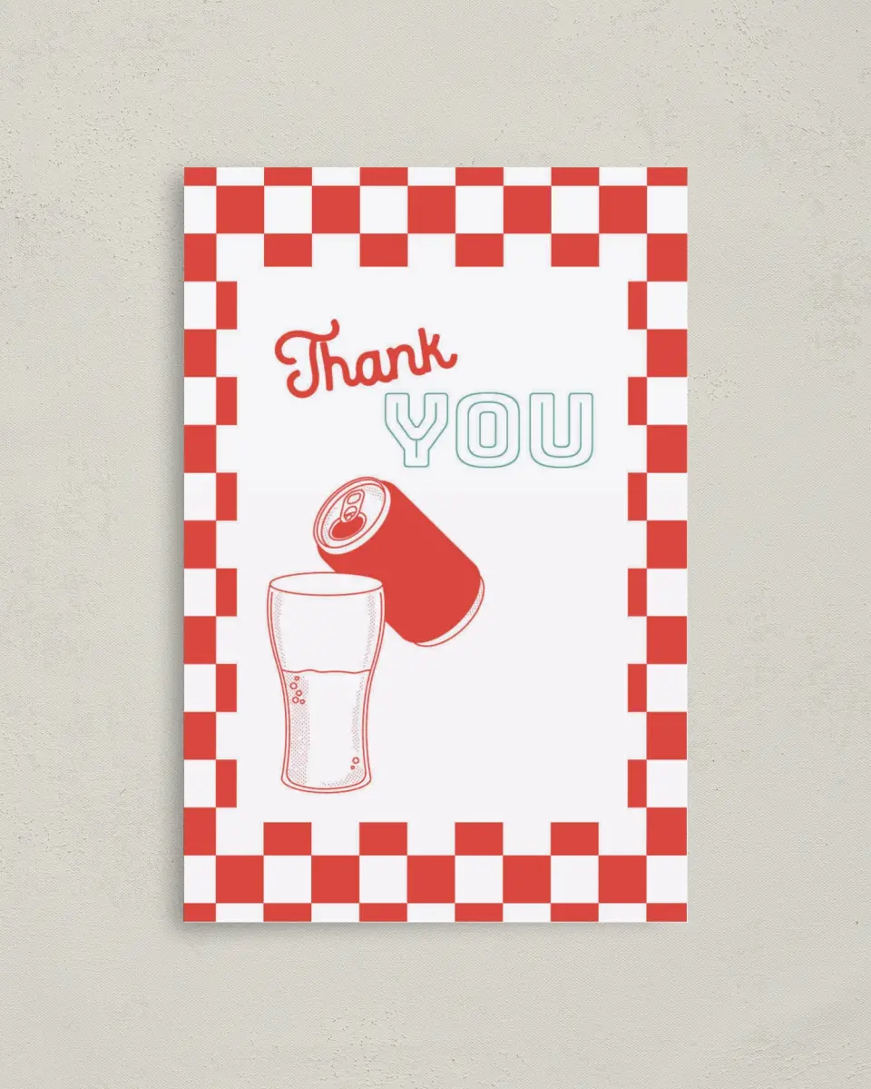 This is a 4" x 6" Folded Baby Shower Thank You Card called Soda Pop printed in full color on Premium Smooth paper