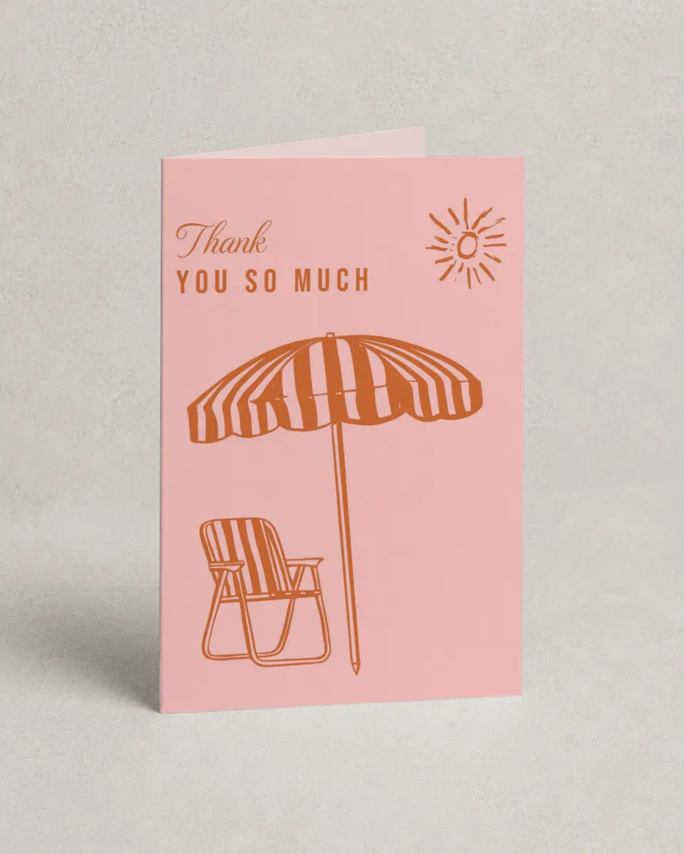 This is a 4" x 6" Folded Bachelorette Party Thank You Card called Bach Beach Club printed in full color with Silver foil on Luxe Satin (coated) paper