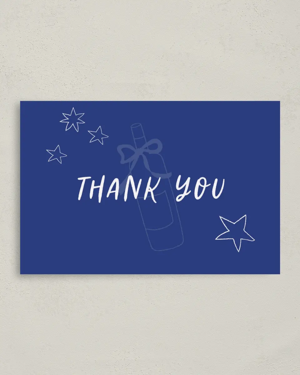 This is a 4" x 6" Folded Bachelorette Party Thank You Card called Wine & Boards printed in full color on Premium Smooth paper