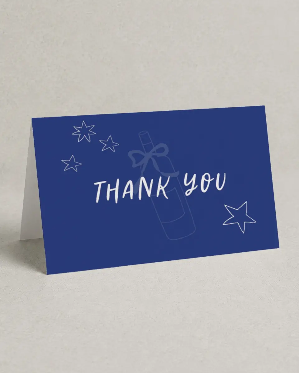 This is a 4" x 6" Folded Bachelorette Party Thank You Card called Wine & Boards printed in full color on Premium Smooth paper