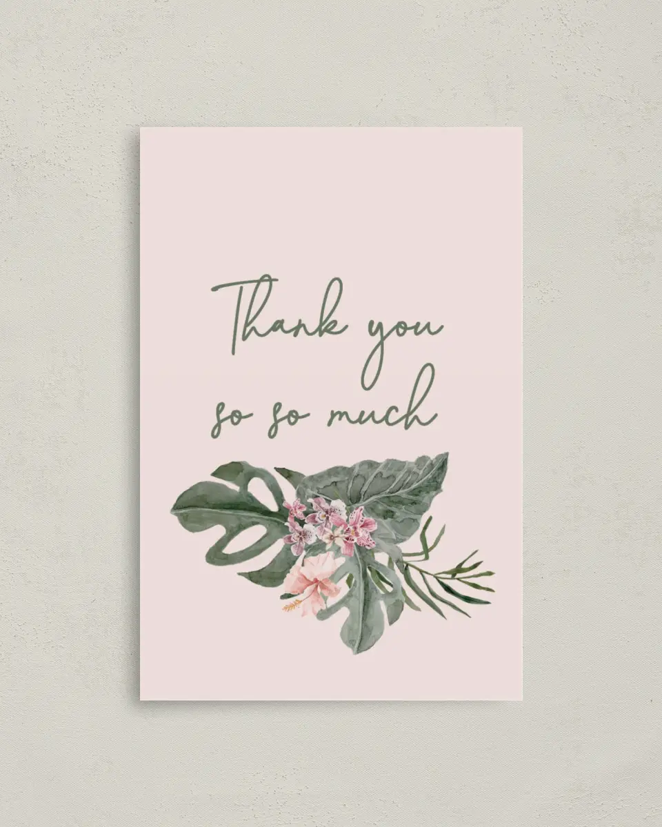 This is a 4" x 6" Folded Bachelorette Party Thank You Card called Idyllic Island printed in full color on Premium Smooth paper