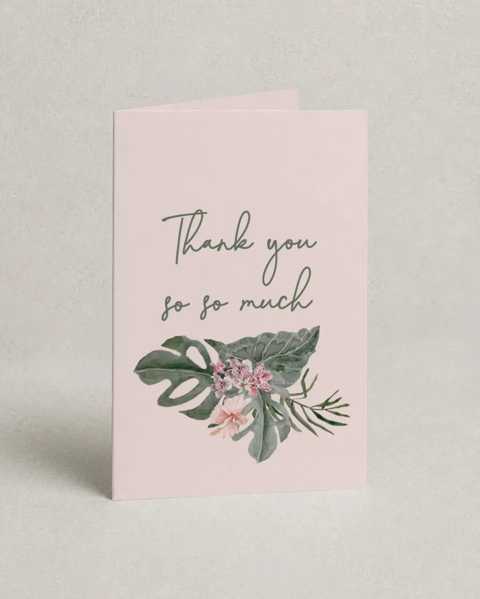 This is a 4" x 6" Folded Bachelorette Party Thank You Card called Idyllic Island printed in full color on Premium Smooth paper