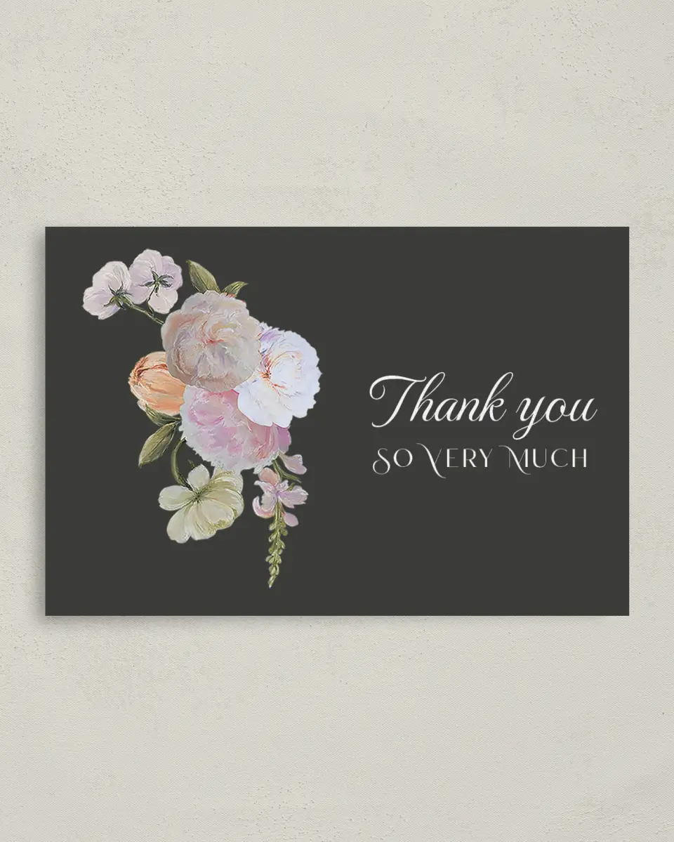 This is a 4" x 6" Folded Bachelorette Party Thank You Card called Floral Feels printed in full color on Premium Smooth paper
