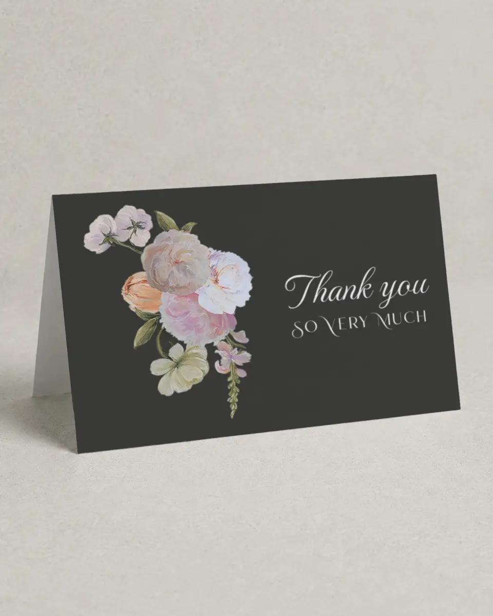 This is a 4" x 6" Folded Bachelorette Party Thank You Card called Floral Feels printed in full color with Rose Gold foil on Luxe Satin (coated) paper