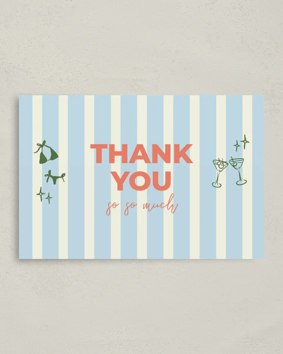 This is a 4" x 6" Folded Bachelorette Party Thank You Card called Bikinis & Martinis printed in full color on Premium Smooth paper