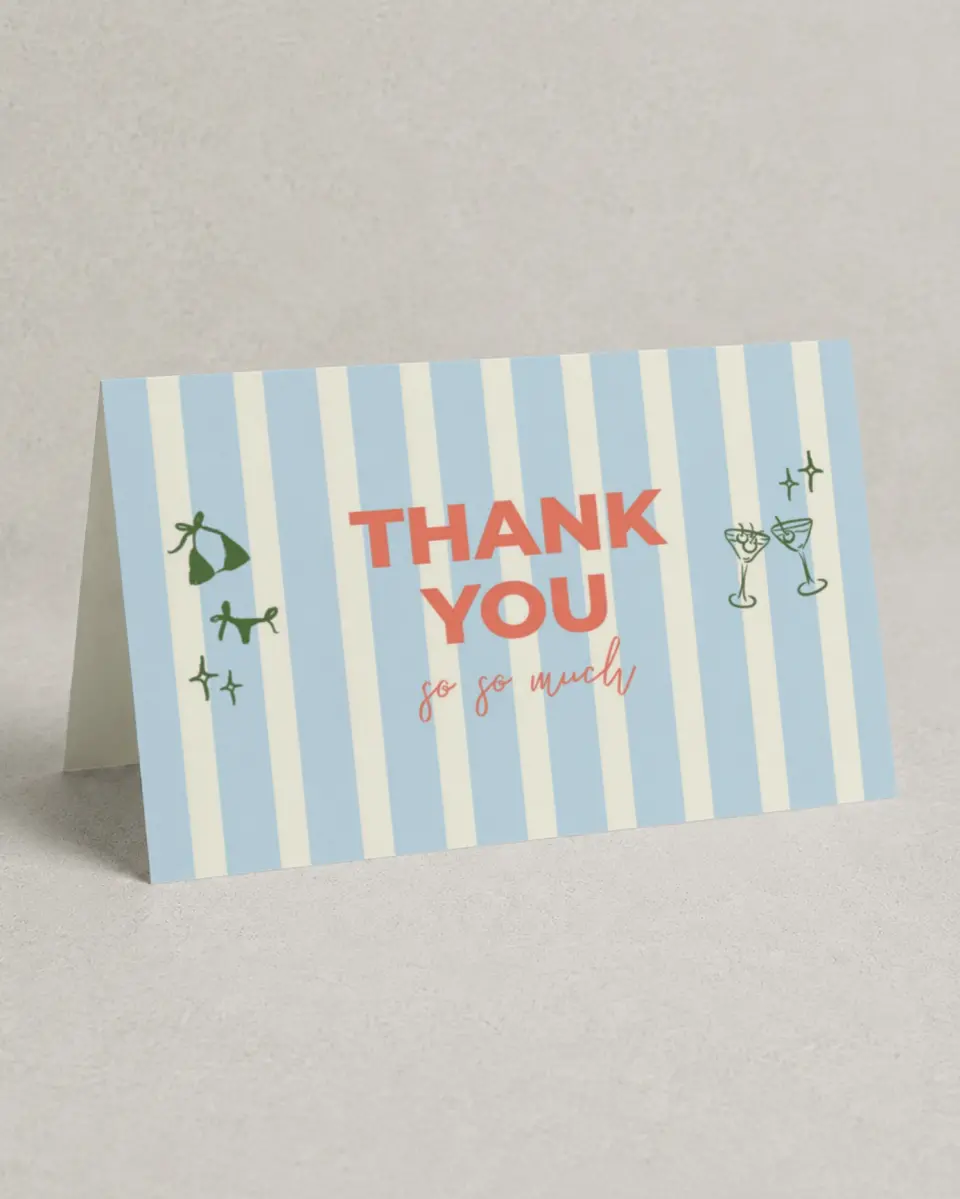 This is a 4" x 6" Folded Bachelorette Party Thank You Card called Bikinis & Martinis printed in full color on Premium Smooth paper