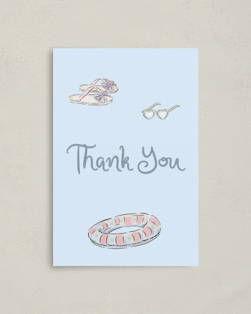 This is a 4" x 6" Folded Bachelorette Party Thank You Card called Pool Bach printed in full color on Premium Smooth paper