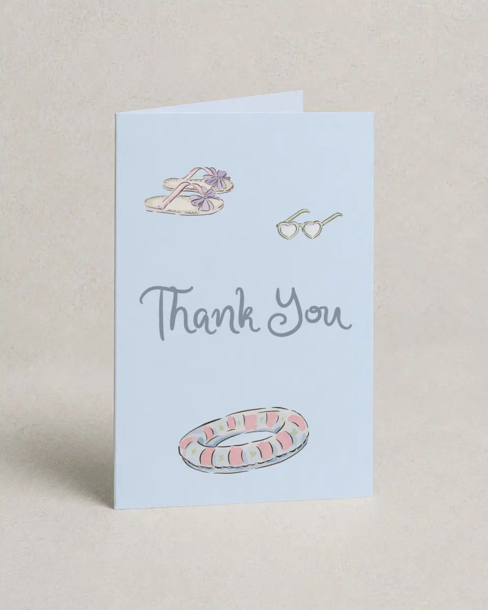 This is a 4" x 6" Folded Bachelorette Party Thank You Card called Pool Bach printed in full color on Premium Smooth paper