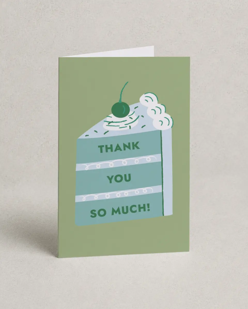 This is a 4" x 6" Folded Thank You Card called Slice of Fun printed in full color on Premium Smooth paper