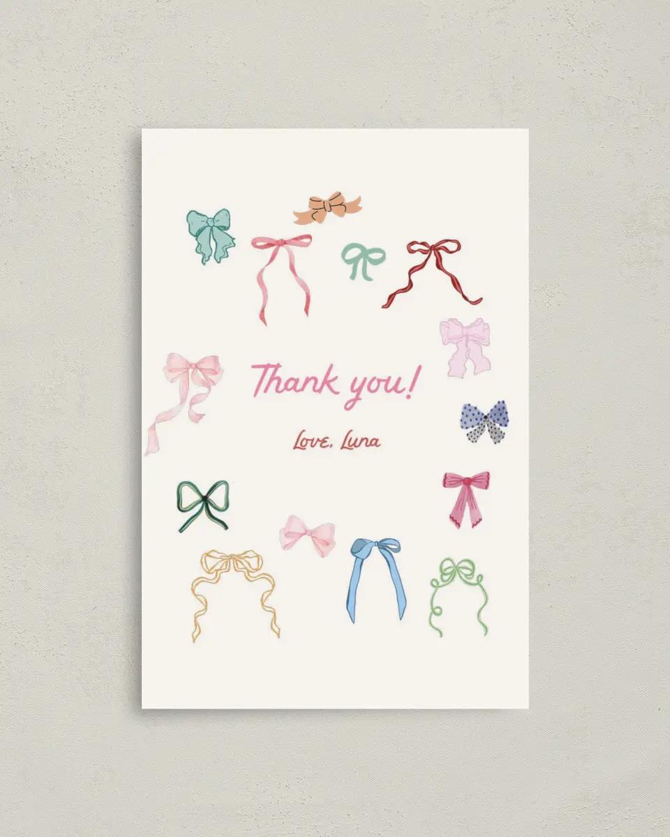 This is a 4" x 6" Folded Thank You Card called Bow Birthday printed in full color on Premium Smooth paper