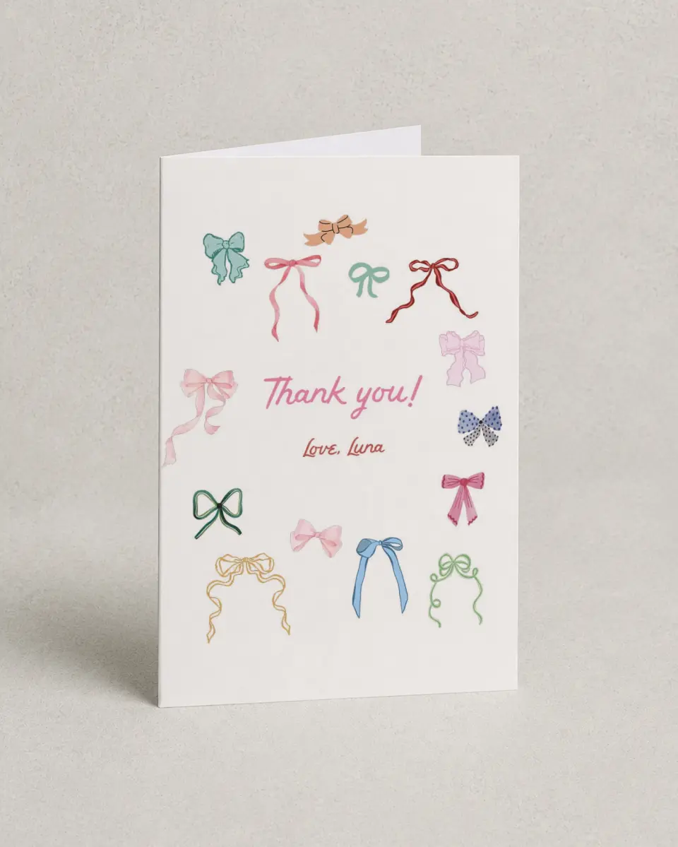 This is a 4" x 6" Folded Thank You Card called Bow Birthday printed in full color on Premium Smooth paper