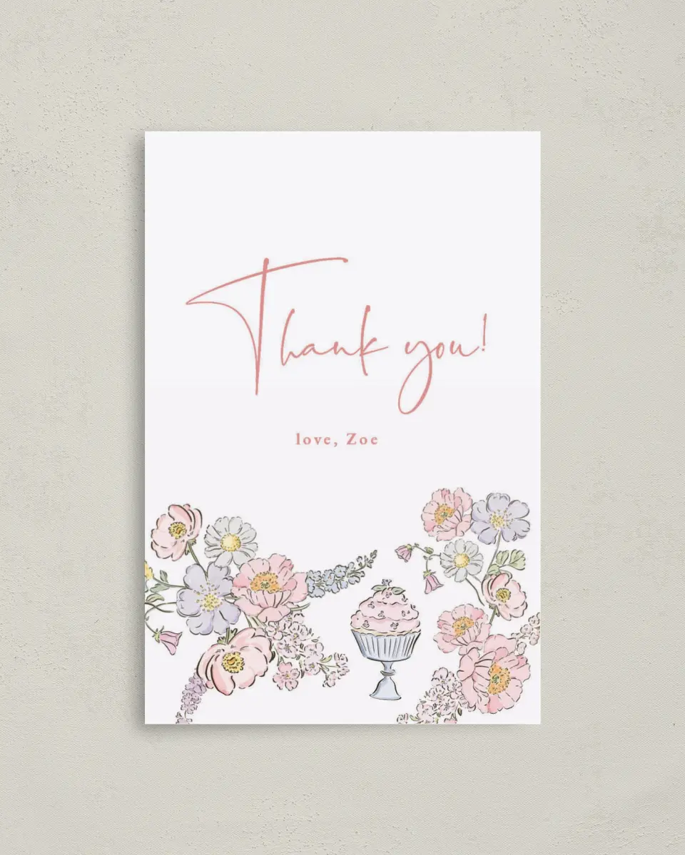 This is a 4" x 6" Folded Thank You Card called Sweet Flowers printed in full color on Premium Smooth paper