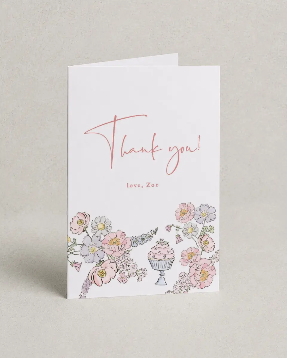 This is a 4" x 6" Folded Thank You Card called Sweet Flowers printed in full color on Premium Smooth paper