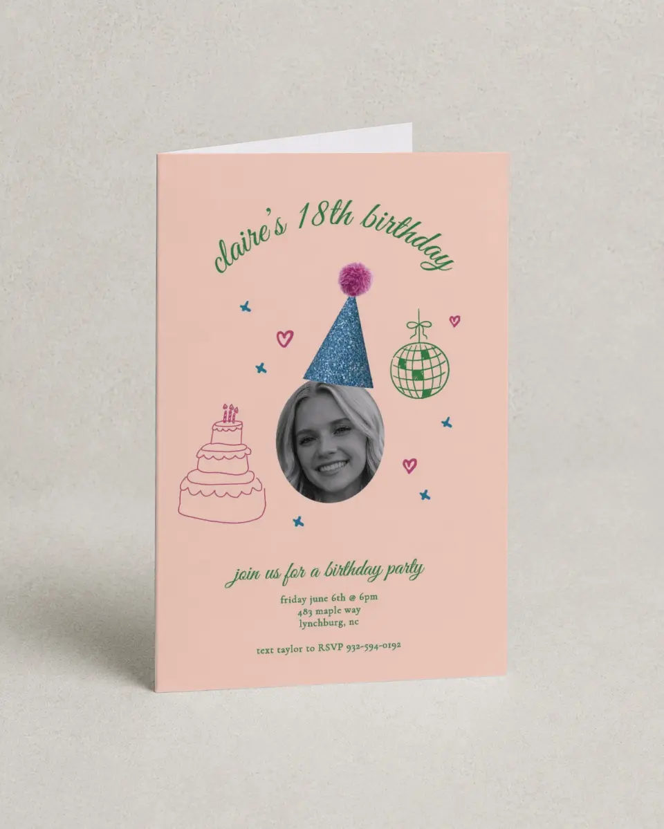 This is a 4" x 6" Folded Thank You Card called Party Hat printed in full color on Premium Smooth paper