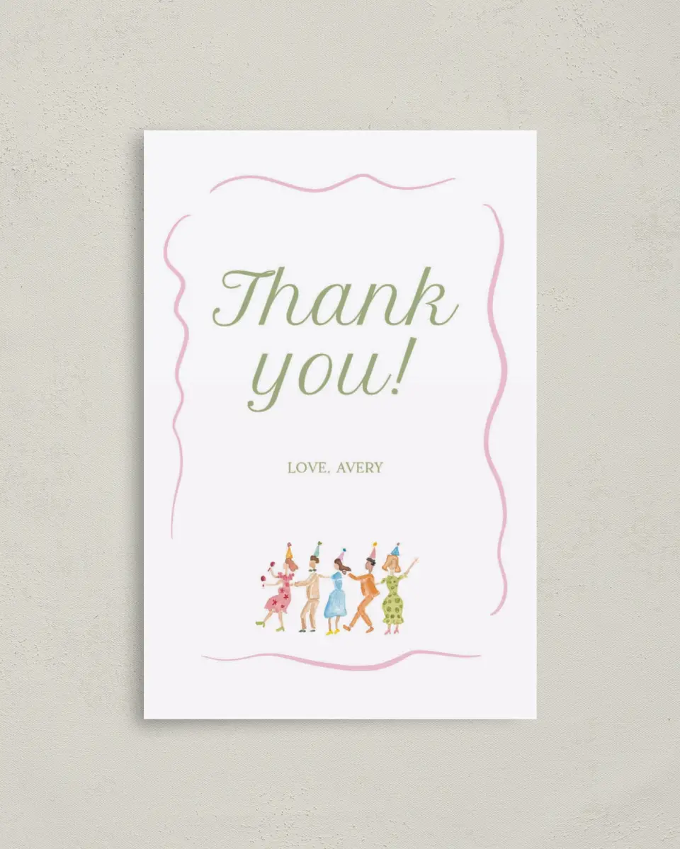 This is a 4" x 6" Folded Thank You Card called Dance Party printed in full color on Premium Smooth paper