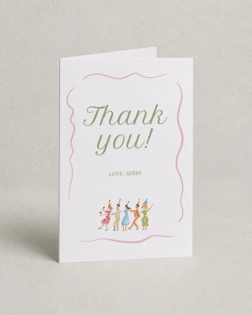This is a 4" x 6" Folded Thank You Card called Dance Party printed in full color on Premium Smooth paper