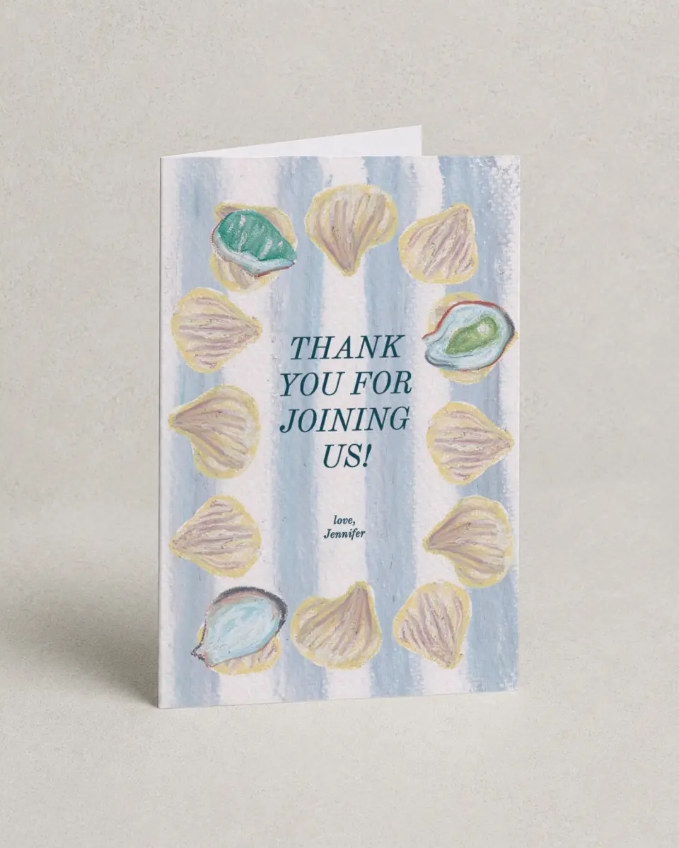 This is a 4" x 6" Folded Thank You Card called Shucking Party printed in full color on Premium Smooth paper