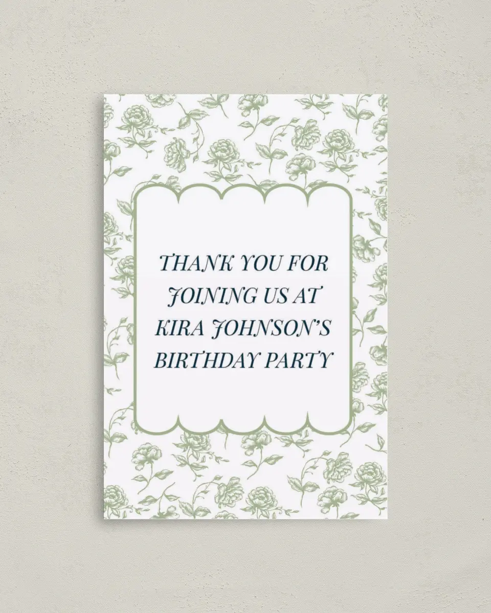 This is a 4" x 6" Folded Thank You Card called Floral Scallops printed in full color on Premium Smooth paper