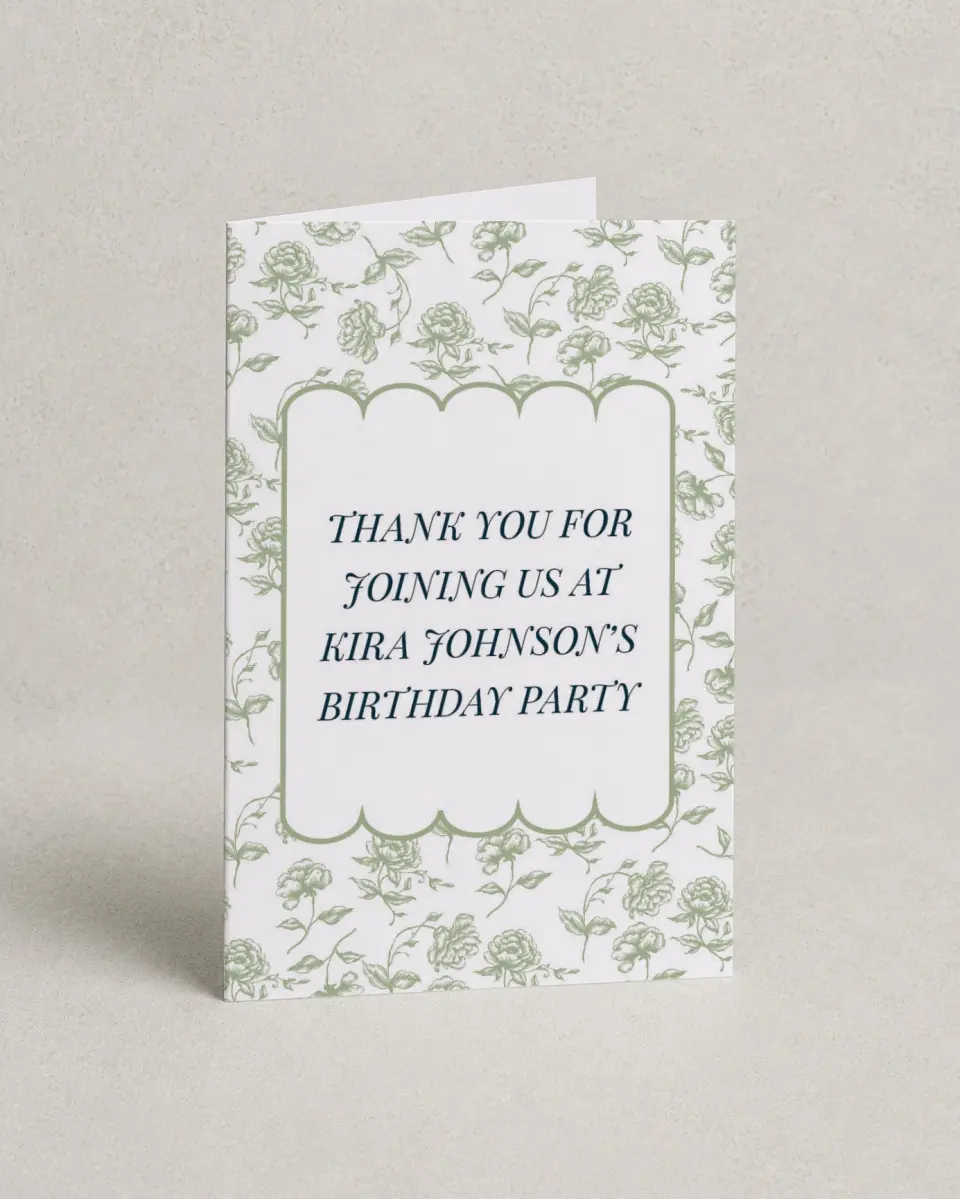 This is a 4" x 6" Folded Thank You Card called Floral Scallops printed in full color on Premium Smooth paper