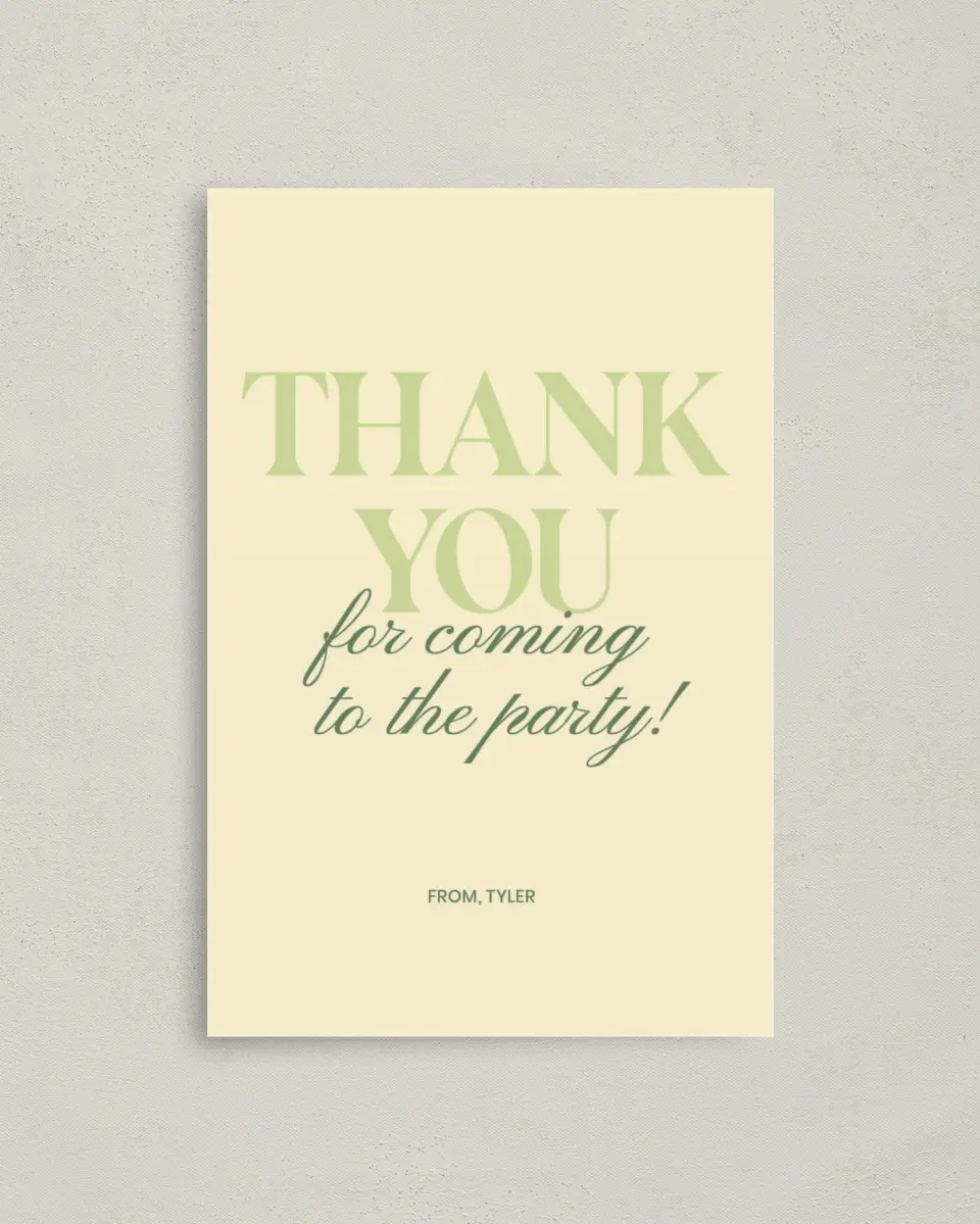 This is a 4" x 6" Folded Thank You Card called Surprise Party! printed in full color on Premium Smooth paper
