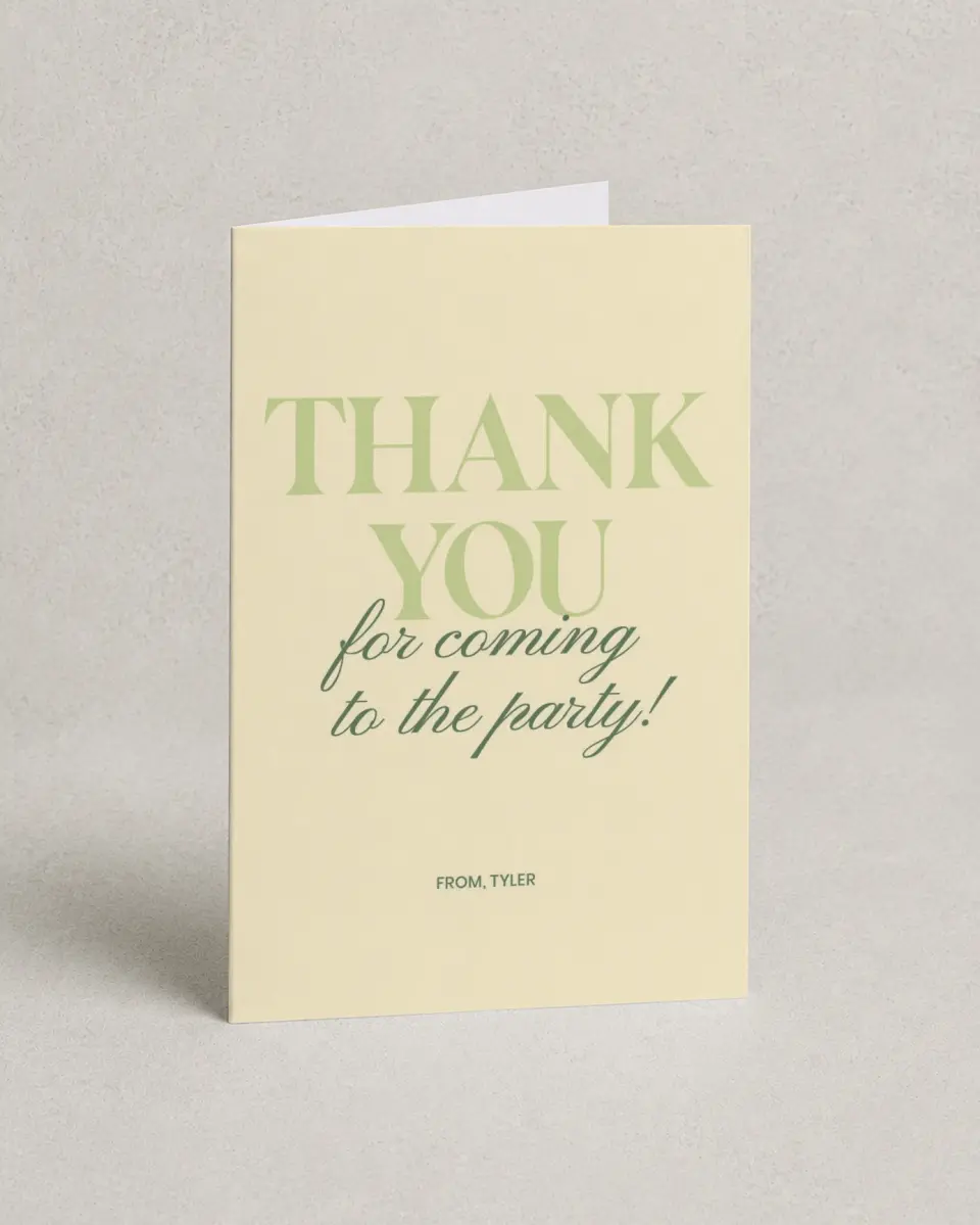 This is a 4" x 6" Folded Thank You Card called Surprise Party! printed in full color on Premium Smooth paper