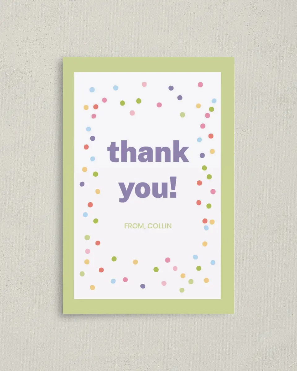 This is a 4" x 6" Folded Thank You Card called Confetti Fun printed in full color on Premium Smooth paper