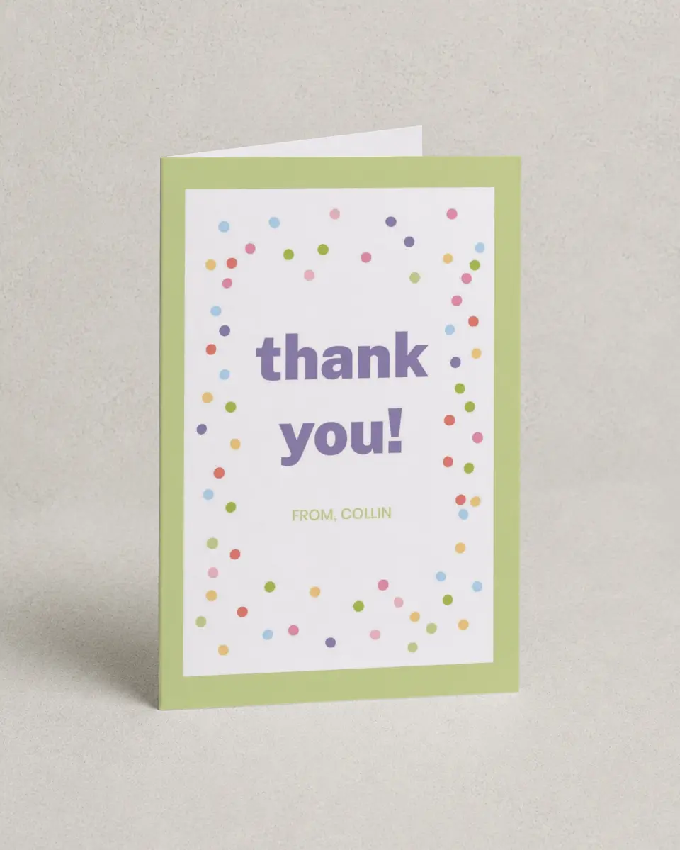 This is a 4" x 6" Folded Thank You Card called Confetti Fun printed in full color on Premium Smooth paper