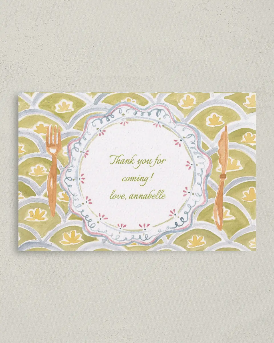 This is a 4" x 6" Folded Thank You Card called Wine and Dine printed in full color on Premium Smooth paper