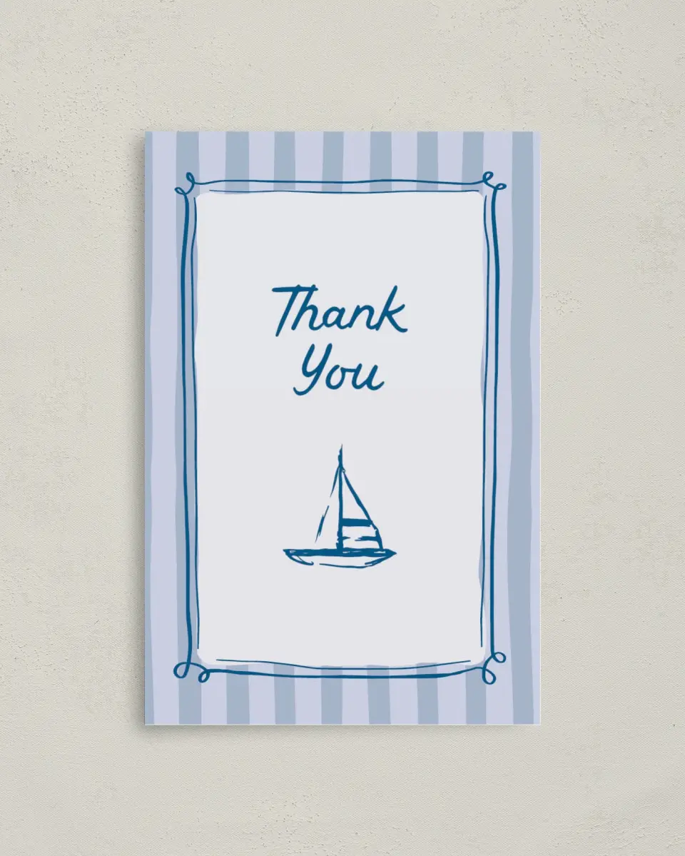 This is a 4" x 6" Folded Baby Shower Thank You Card called Ahoy Baby printed in full color on Premium Smooth paper