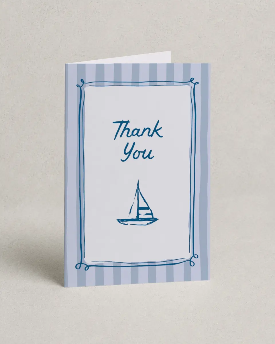 This is a 4" x 6" Folded Baby Shower Thank You Card called Ahoy Baby printed in full color on Premium Smooth paper