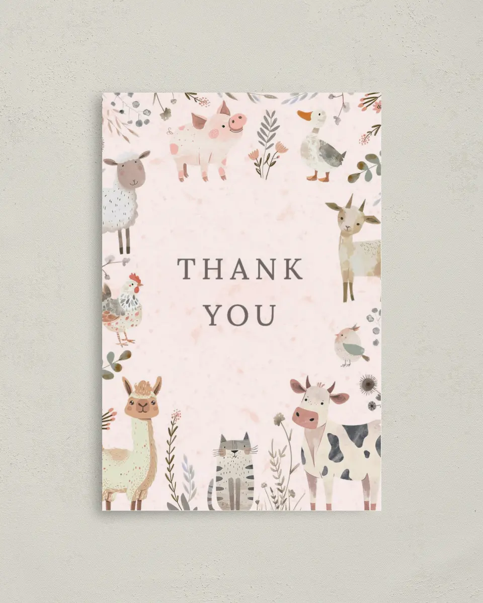 This is a 4" x 6" Folded Baby Shower Thank You Card called Barnyard Baby printed in full color on Premium Smooth paper