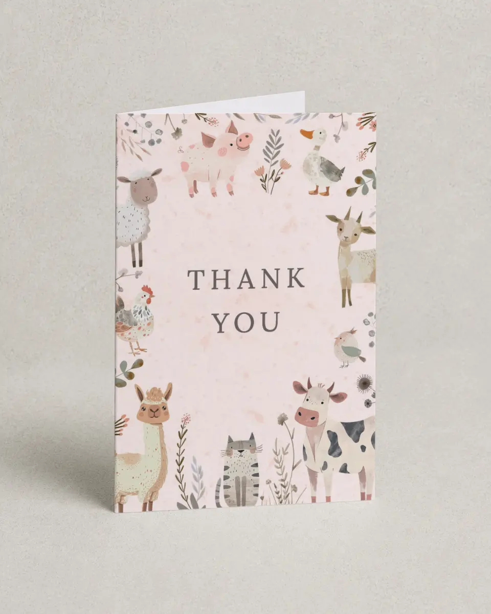 This is a 4" x 6" Folded Baby Shower Thank You Card called Barnyard Baby printed in full color on Premium Smooth paper