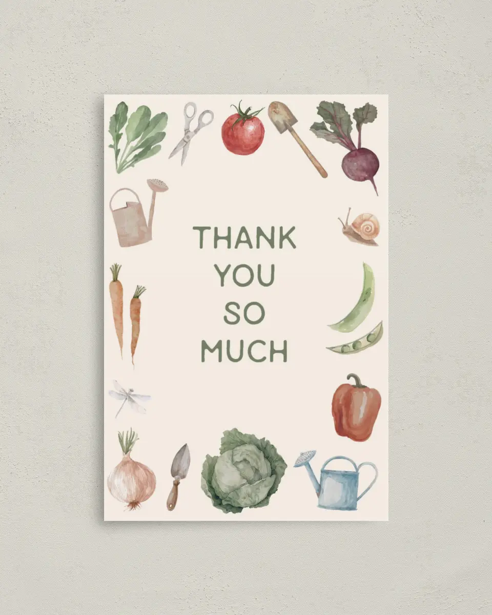 This is a 4" x 6" Folded Baby Shower Thank You Card called Locally Grown printed in full color on Premium Smooth paper