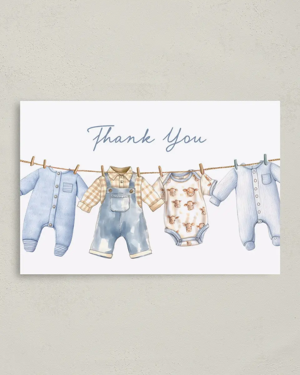 This is a 4" x 6" Folded Baby Shower Thank You Card called Country Clothesline printed in full color on Premium Smooth paper