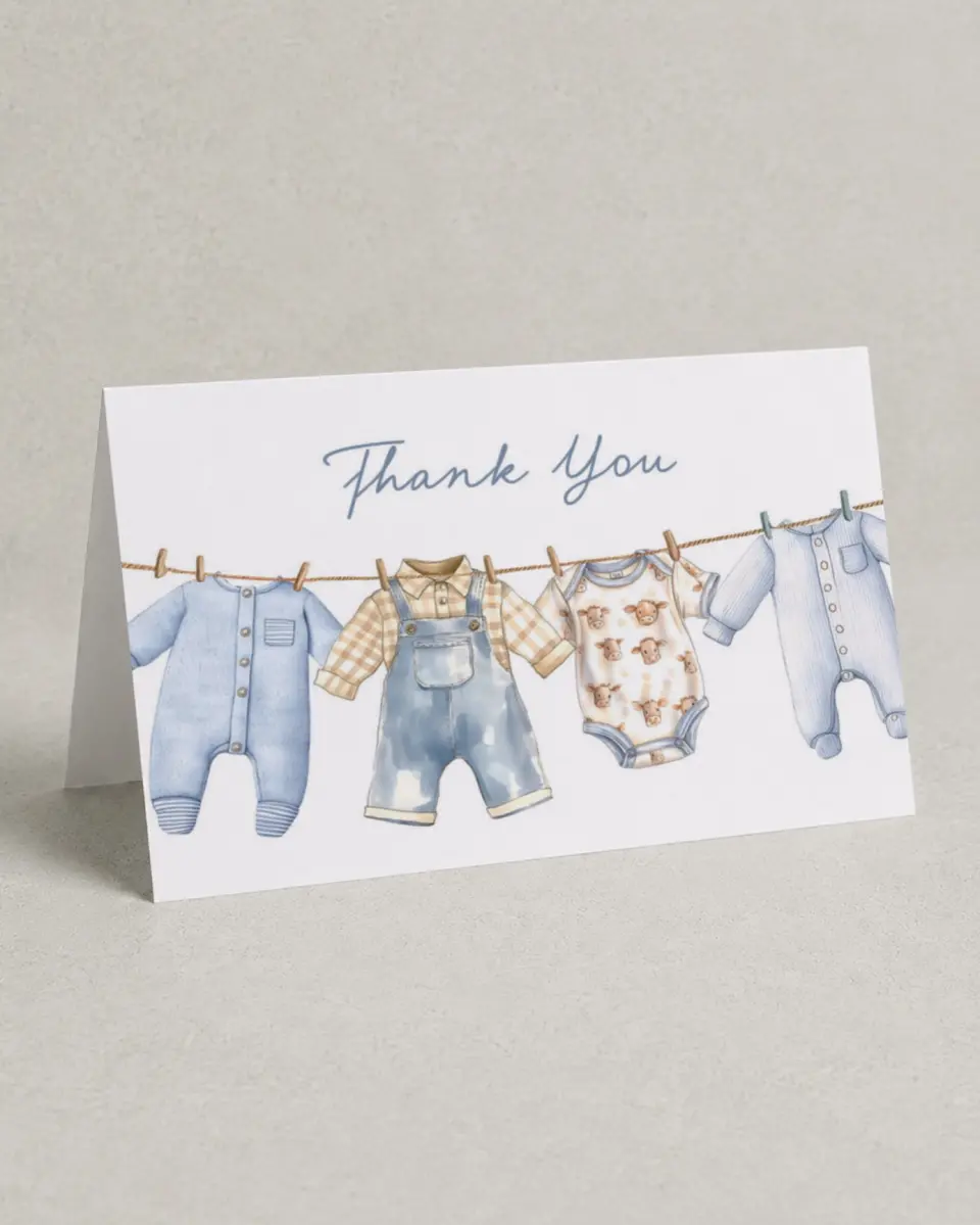 This is a 4" x 6" Folded Baby Shower Thank You Card called Country Clothesline printed in full color with Gold foil on Luxe Satin (coated) paper