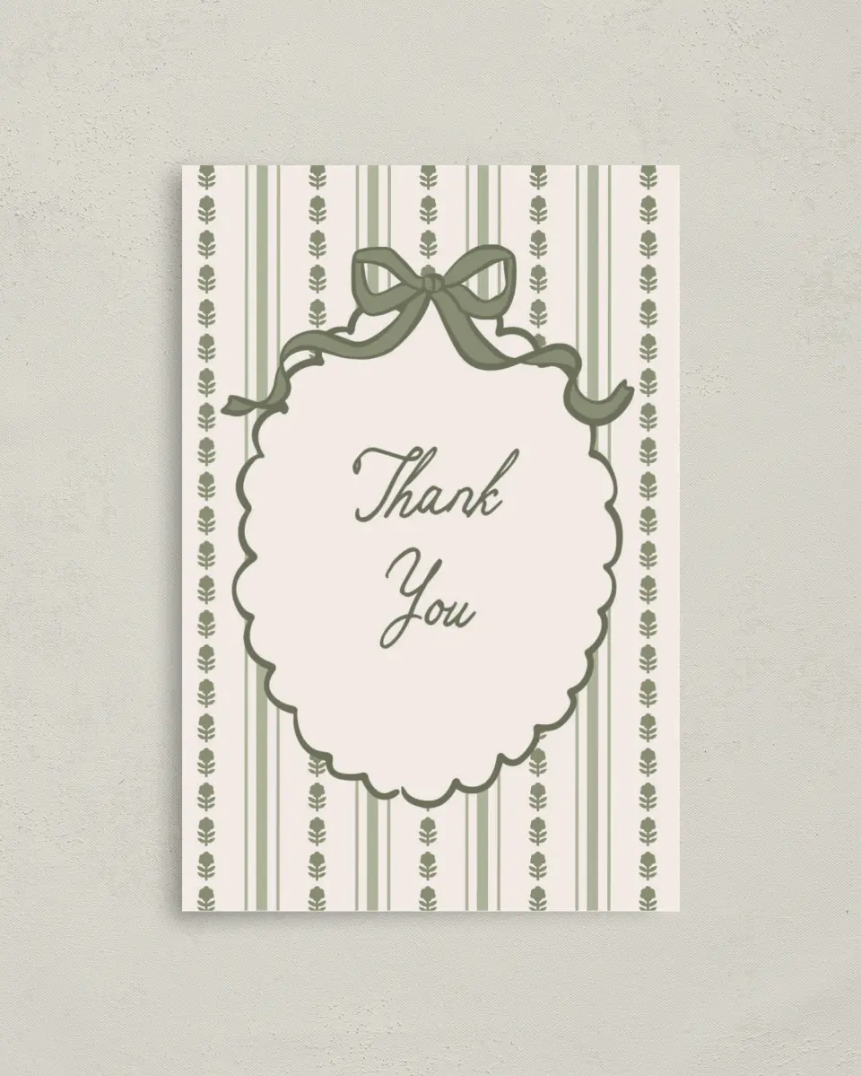 This is a 4" x 6" Folded Baby Shower Thank You Card called Coquette Darling printed in full color on Premium Smooth paper