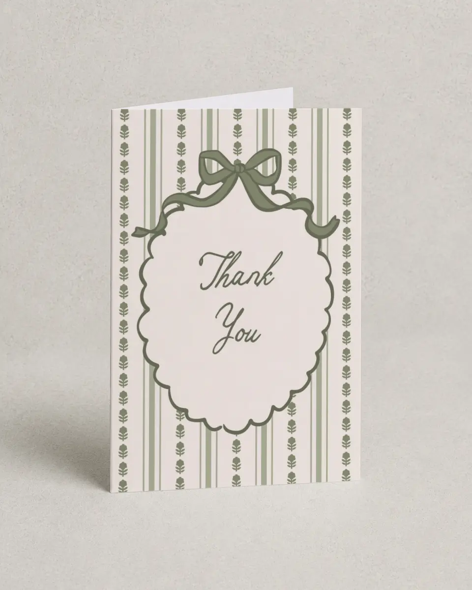 This is a 4" x 6" Folded Baby Shower Thank You Card called Coquette Darling printed in full color with Gold foil on Luxe Satin (coated) paper