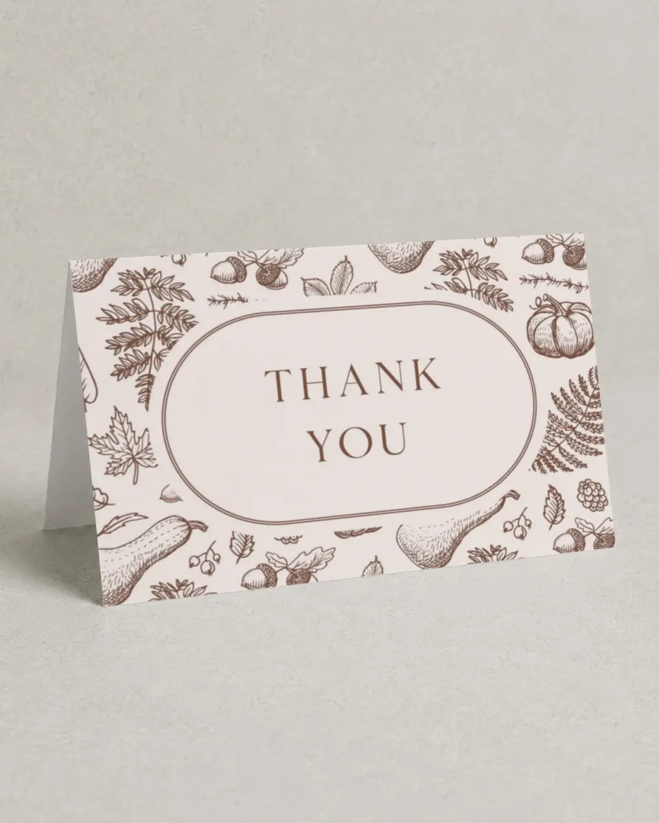 This is a 4" x 6" Folded Baby Shower Thank You Card called Precious Pumpkin printed in full color on Premium Smooth paper
