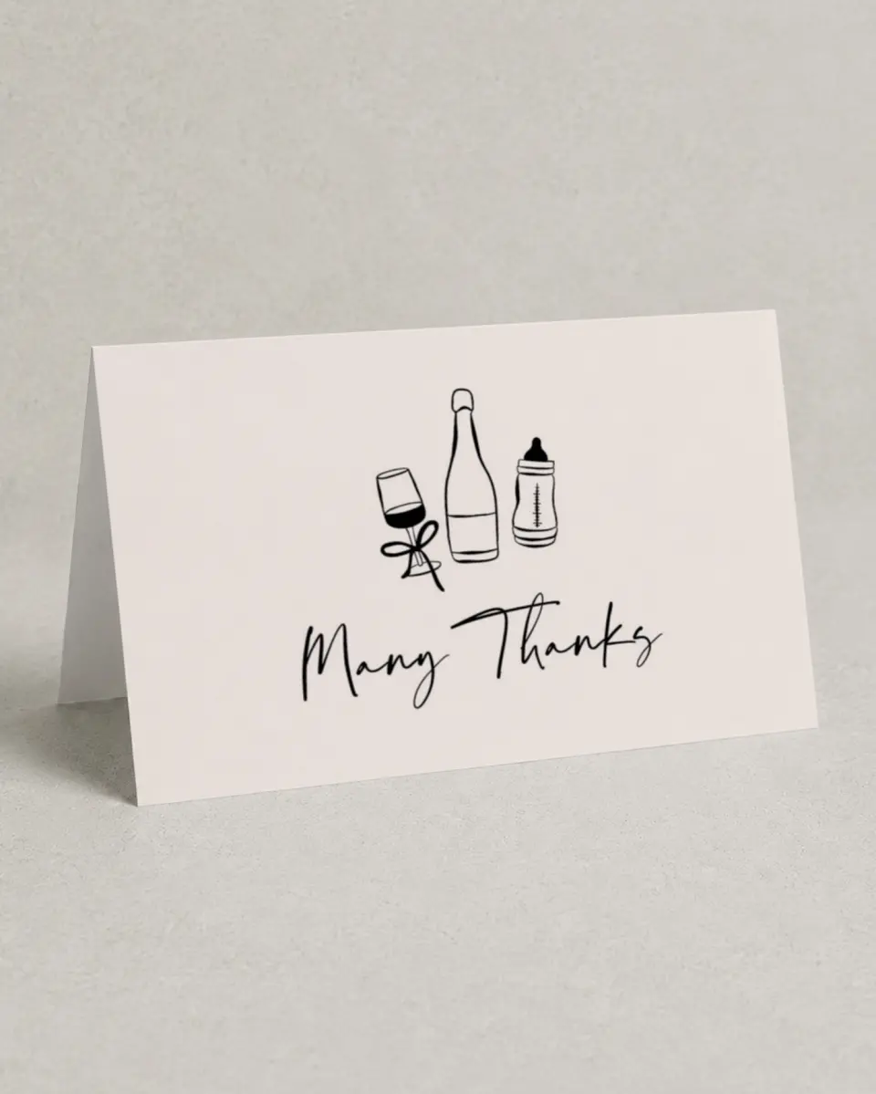 This is a 4" x 6" Folded Baby Shower Thank You Card called Sip & See printed in full color on Premium Smooth paper