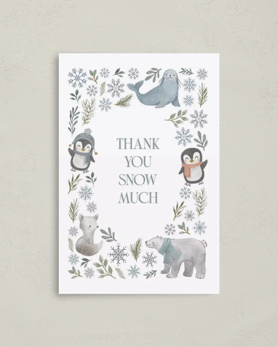 This is a 4" x 6" Folded Baby Shower Thank You Card called Arctic Animals printed in full color on Premium Smooth paper